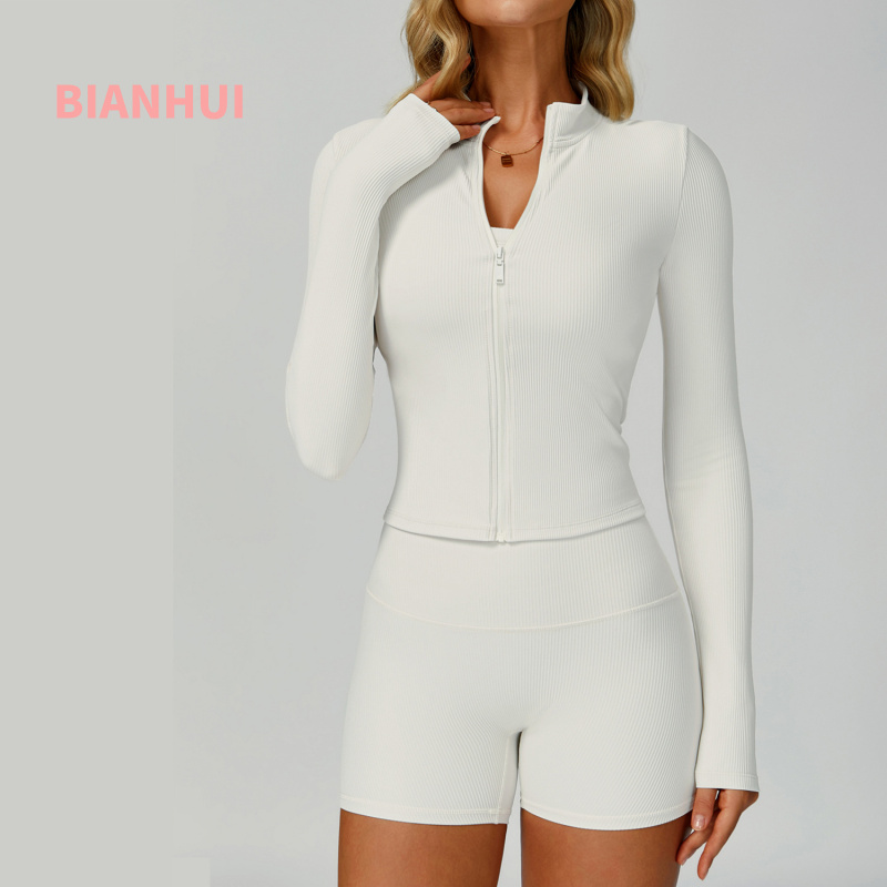 Yoga Fitness Top - BIANHUI Threaded Stand Collar Slim Fit